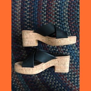 black faux leather wedges with cork heel